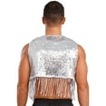 thumbnail image 4 of YiZYiF Men's Shiny Sequins Cropped Vest Top Sleeveless Cowboy Open Front Fringe Jacket Waistcoat Silver M, 4 of 7
