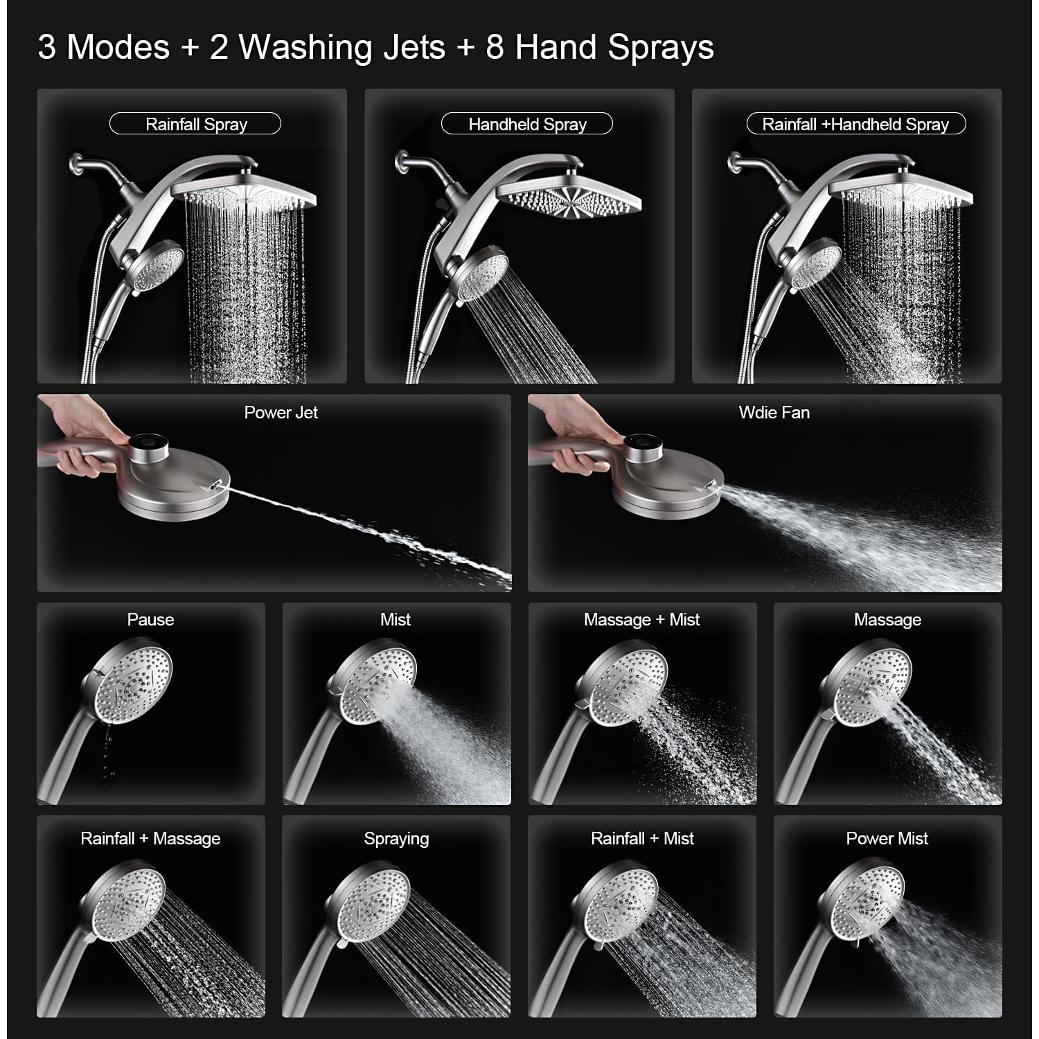 High Pressure Rain Shower Head: Upgrade Shower Heads with Handheld Spray Combo with Fixed Showerhead and 10 Sprays Handheld Shower Head, Detachable Shower head Built-in Magnetic Docking
