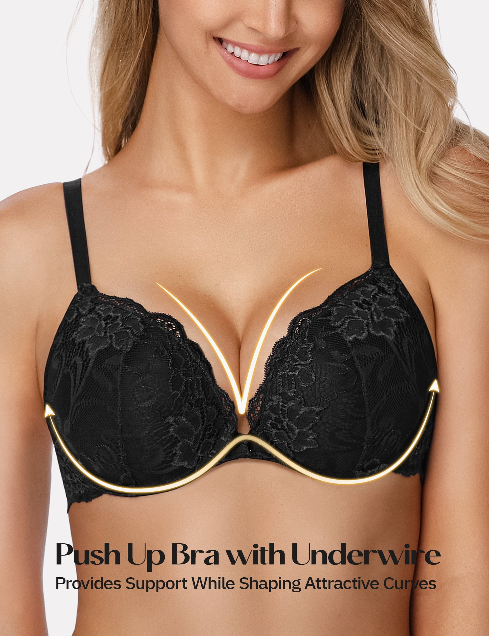 Wingslove Women's Push Up Sexy Lace Padded Plunge Underwire Lift Up Bras Add 1 Cup Boost Brassiere,Black 40B