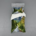 thumbnail image 1 of Woodland Duvet Cover Set, Mountain Landscape Road Cloudy Sky Pine Trees Forest Summer Rainy Day Scene, Bedding Set with Shams and Fitted Sheet, 3 Sizes, by Ambesonne, 1 of 3