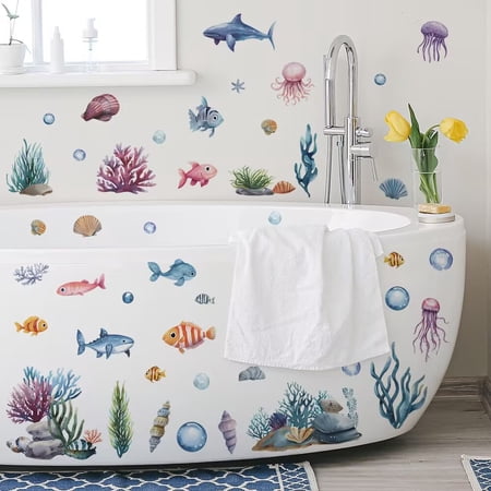 Marine animal fish decals, coral stickers, fish posters, wall stickers, DIY transparent stickers，Baby Nursery Home Decor DIY transparent stickers, bedroom, living room, TV wall, children's room stick