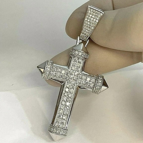 2Ct Round Cut VVS1 Moissanite Men's Cross Pendant 14K White Gold Plated No Chain