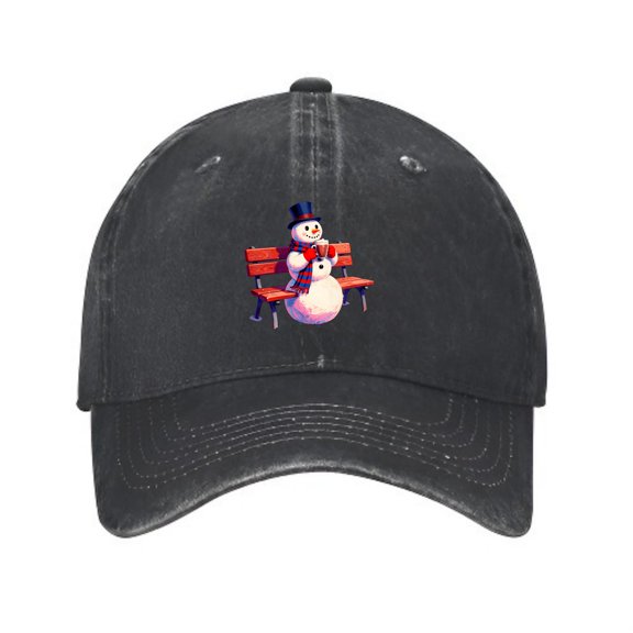 Signetis Snowman Drinking Cocoa on Bench Baseball Cap, Adjustable Dad Hat