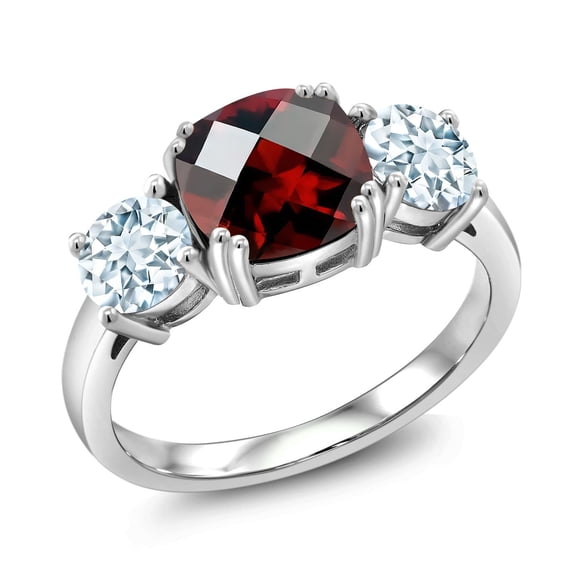 Gem Stone King 3.40 Cttw Red Garnet and Sky Blue Aquamarine 3 Stone Engagement Ring for Women | 925 Sterling Silver | Gemstone January Birthstone | Cushion Checkerboard 8MM and Round 5MM | Size 8