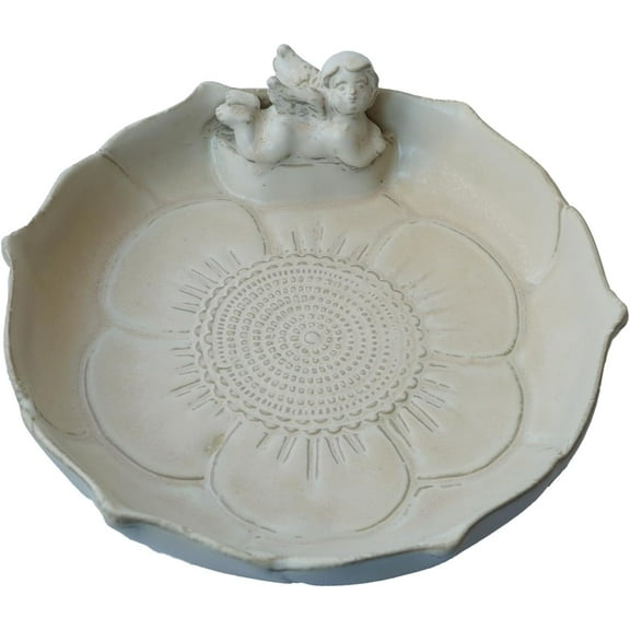 Beige White Angel Ceramic Wild Bird Bath Bowl 9.4"L x 9.4"W x 2"H