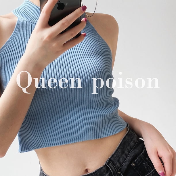 VISgogo Mujeres Acanalado Halter Tank Tops, Adultos Sin Mangas Color Sólido Cuello Redondo Knit Crop Tops VISgogo moda