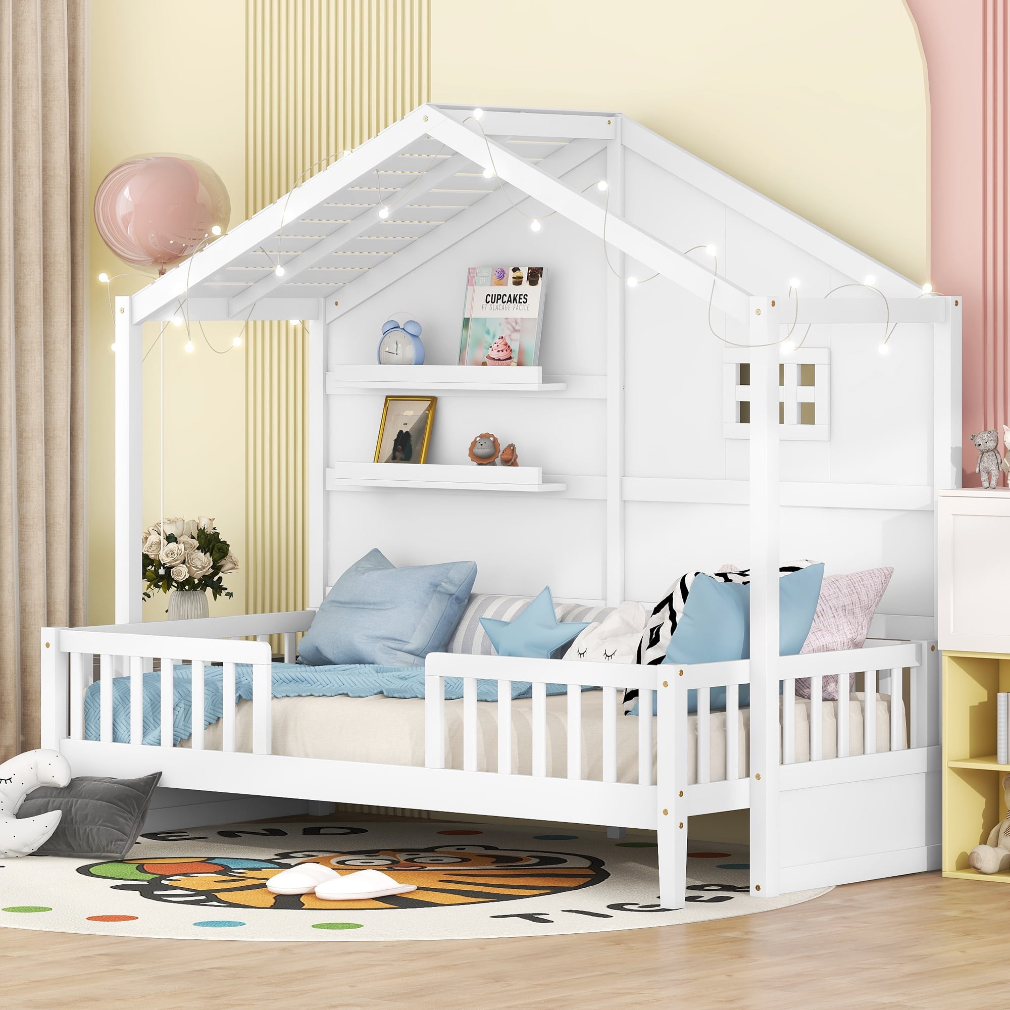 Harper & Bright Designs Twin Size House Bed with Storage Shelves and Rails, Wood Kids Montessori Bed Frame with Window and Sparkling Light Strip on The Roof for Boy Girls, White