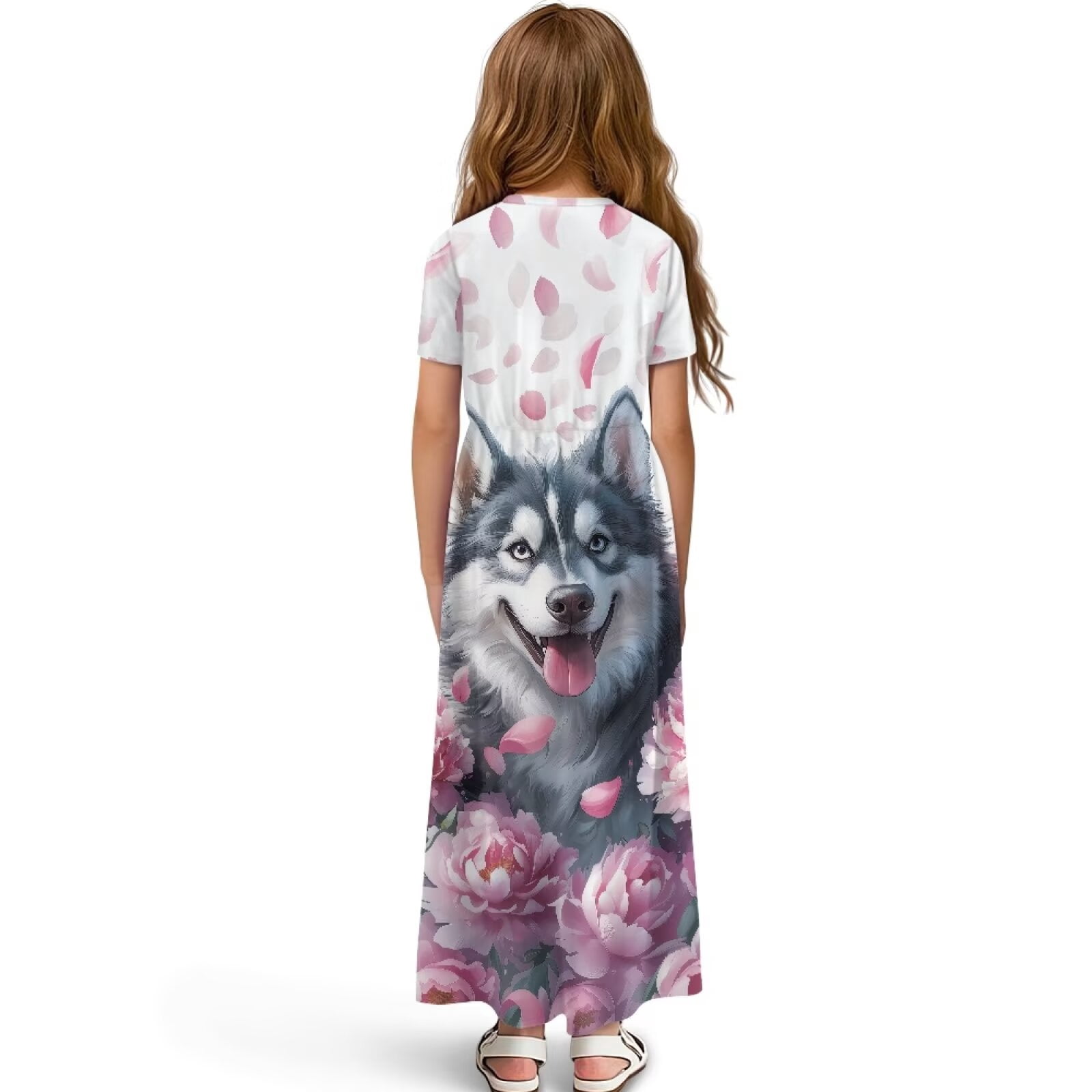 Uourmeti Girls Dress with Cute Husky Flower Print Short Sleeve Round Neck Casual Maxi Dresses with Pockets Summer Long Sundress for Kids, Size 13-14 Years
