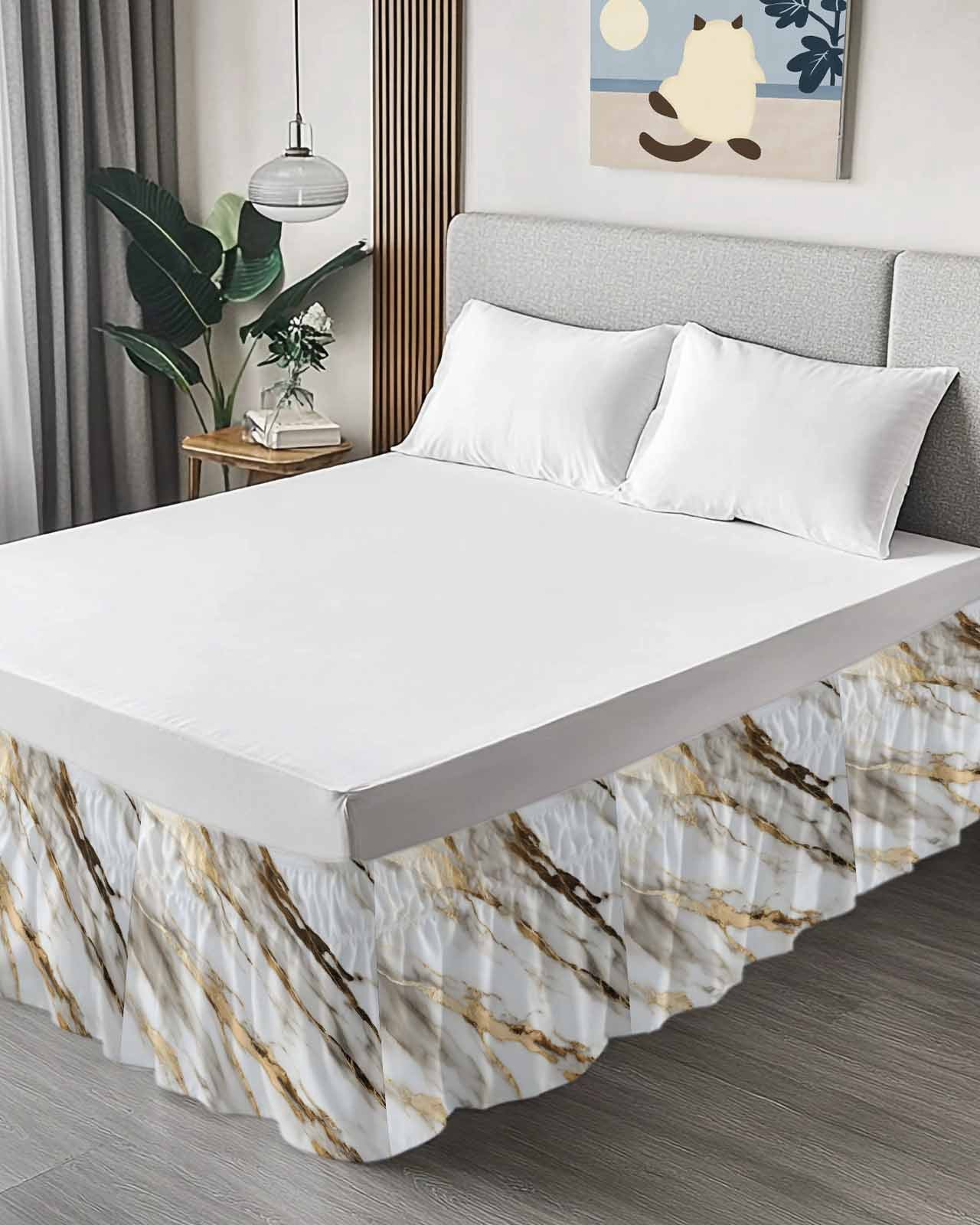 Marble Grey White Wrap Around Bed Skirts for Queen Bed 16" Drop,Bed Skirt with Adjustable Elastic Belt Dust Ruffle Bed Valance for Bedroom Hotel Abstract Cracked Crystal Gold Lines Bed Frame Cover