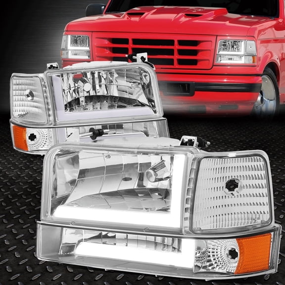 Nuvision for 92-96 Ford F150-F350 6Pcs Dual L-LED DRL Headlight Bumper Lamp Chrome/Amber
