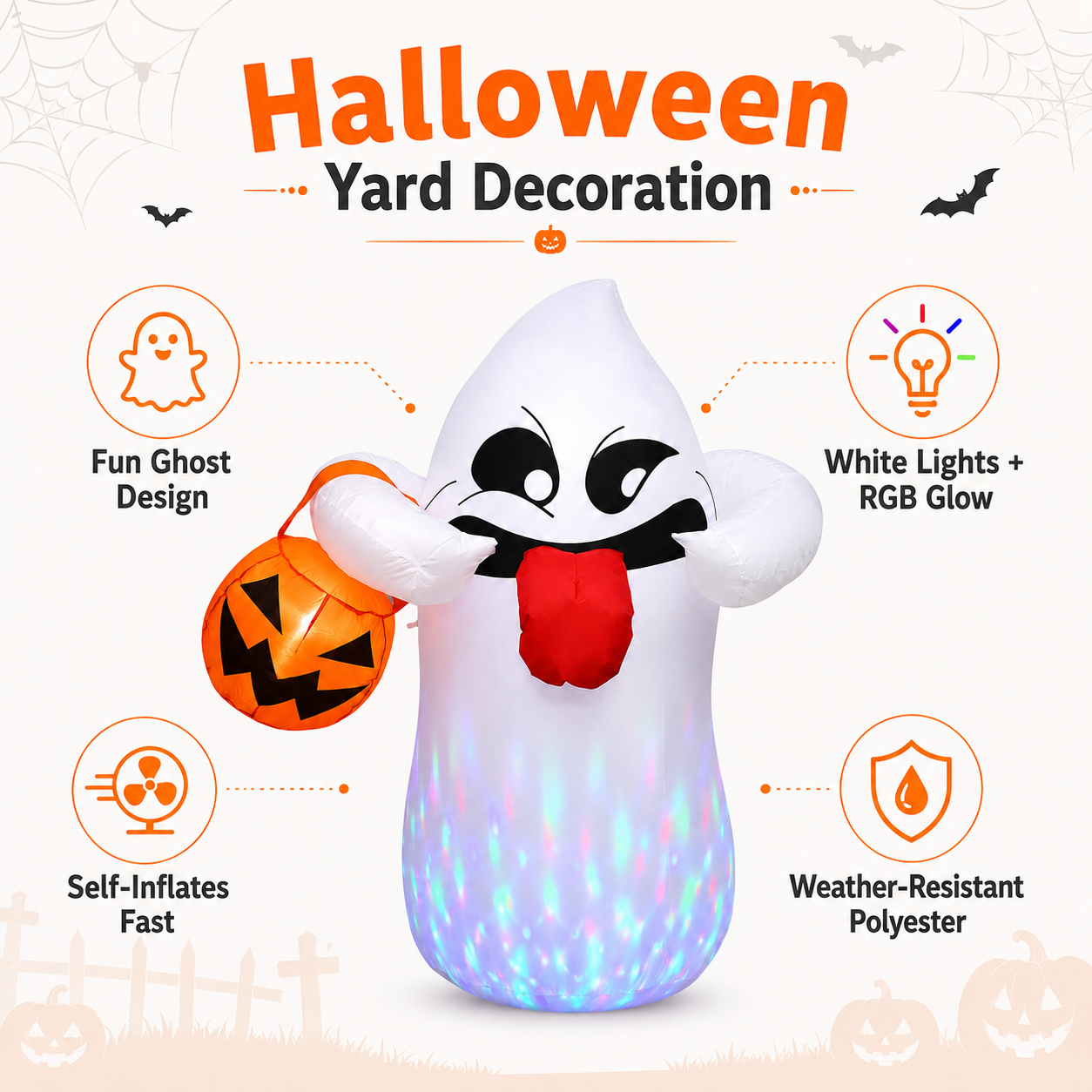 Beeprincess 5 Ft Halloween Inflatable Ghost with Pumpkin, RGB LED Lights photo 6