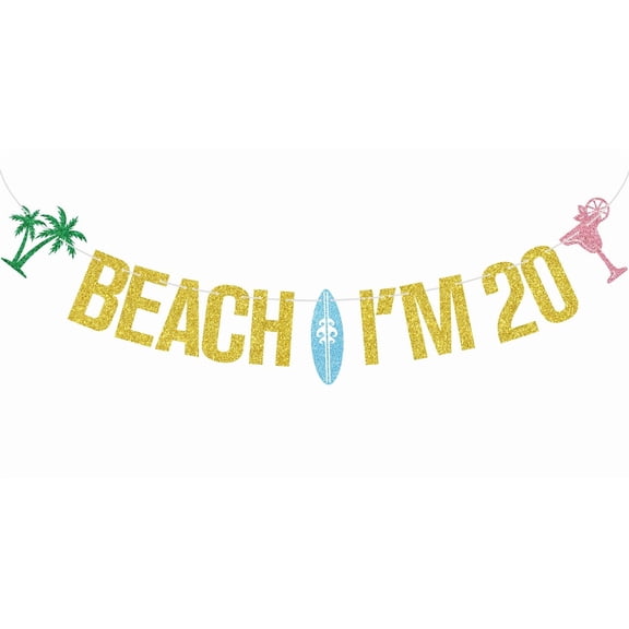 Gold Glitter Beach I'M 20 Banner, Beach Surfing Surfboard Cheers to 20 Years Decor, Summer Hawaiian Luau Tropical Themed 20th Birthday Party Decorations Supplies