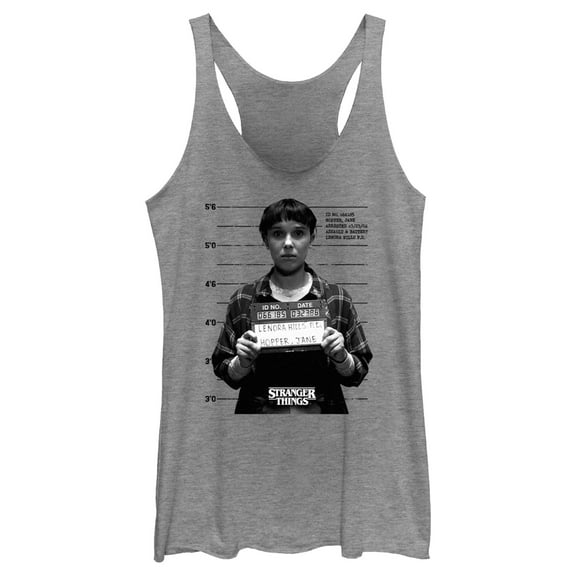 Netflix Women's Stranger Things Eleven Mugshot Racerback Tank Top Gray Heather Large