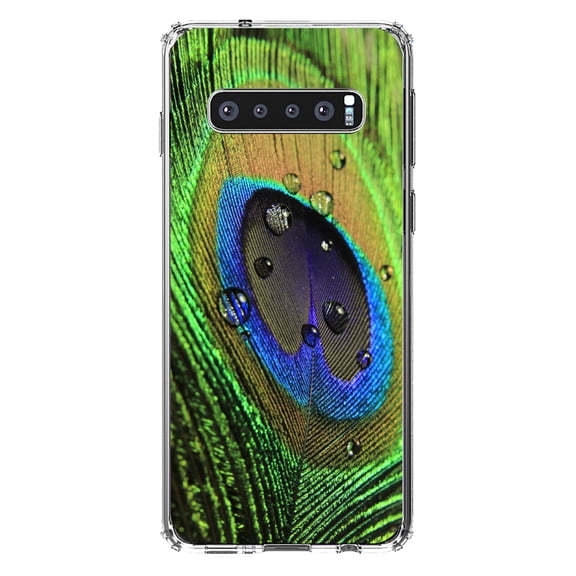 DistinctInk Clear Shockproof Hybrid Case for Samsung Galaxy S10 (6.1" Screen) - TPU Bumper, Acrylic Back, Tempered Glass Screen Protector - Peacock Feather Close Up - Animal Print