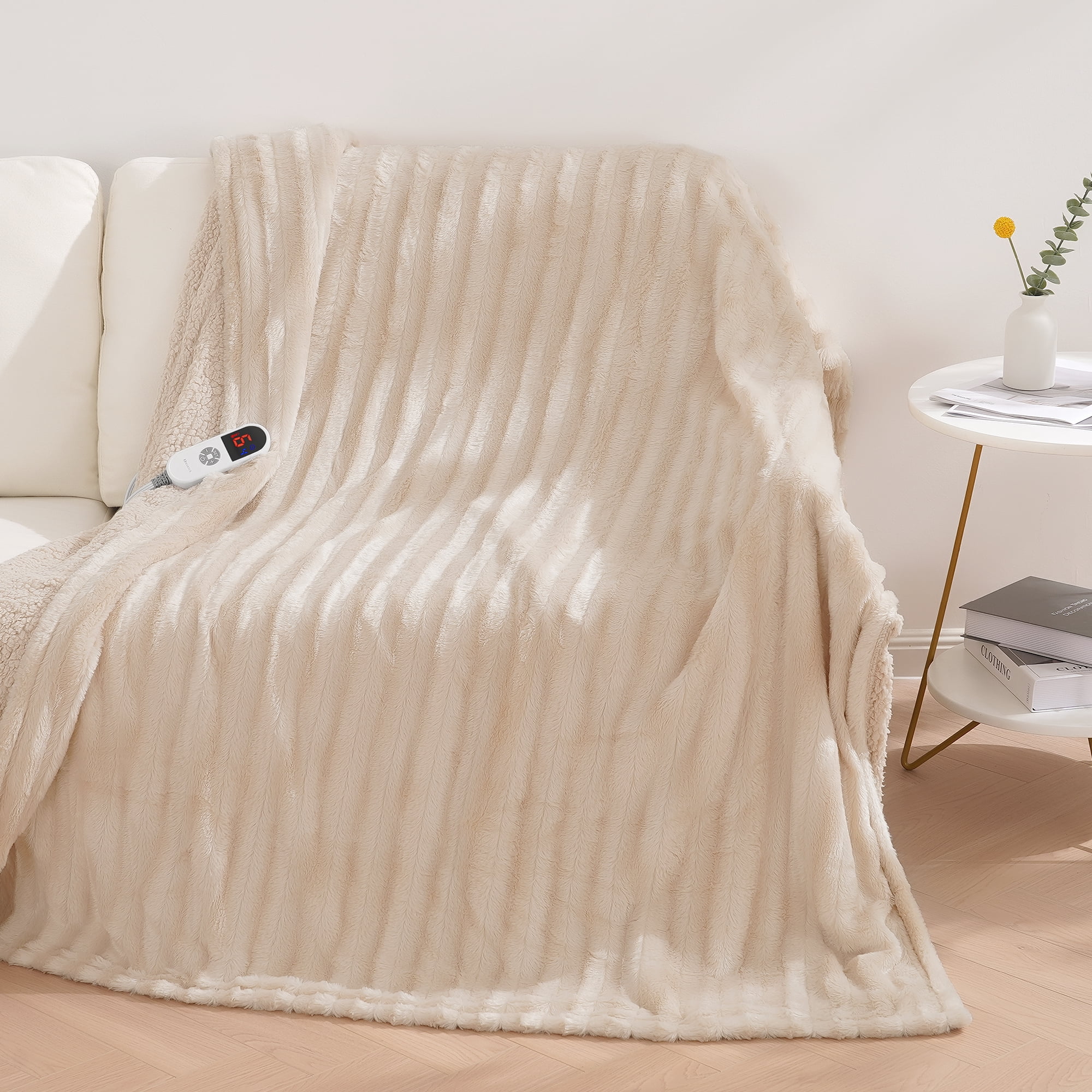 MARNUR Electric Throw Blanket Extra Large Size, 50" x 72" Soft Faux Fur Heated Blanket, 6 Heating Levels, 4 Hours Timer - Beige