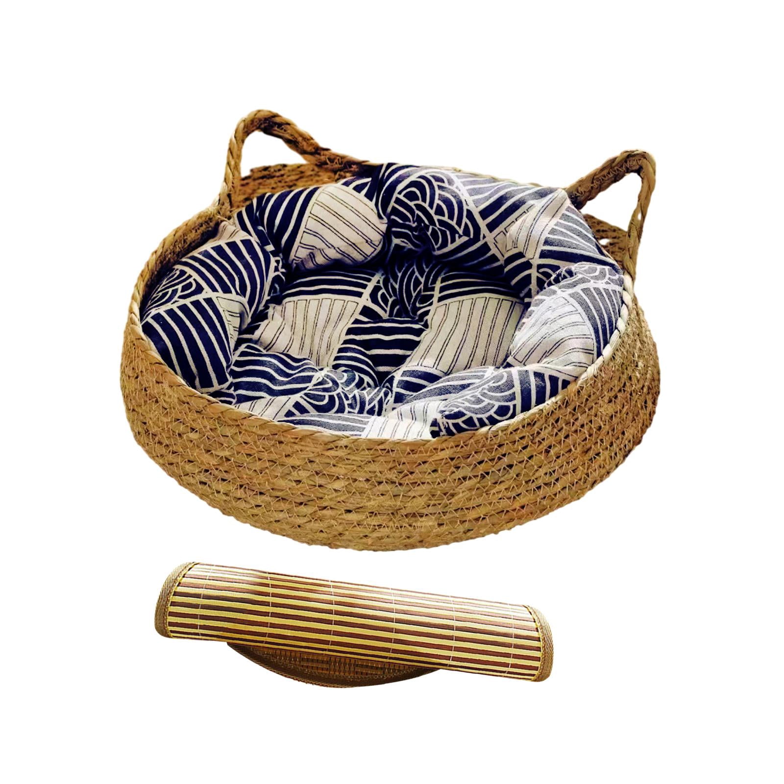 Cat Bed Basket Cat House Summer with Removable Cushion Furniture Protector Nest Cat Scratching Board for Indoor Cats Small Dogs Puppy Rabbit Blue Pillow 38x13cm