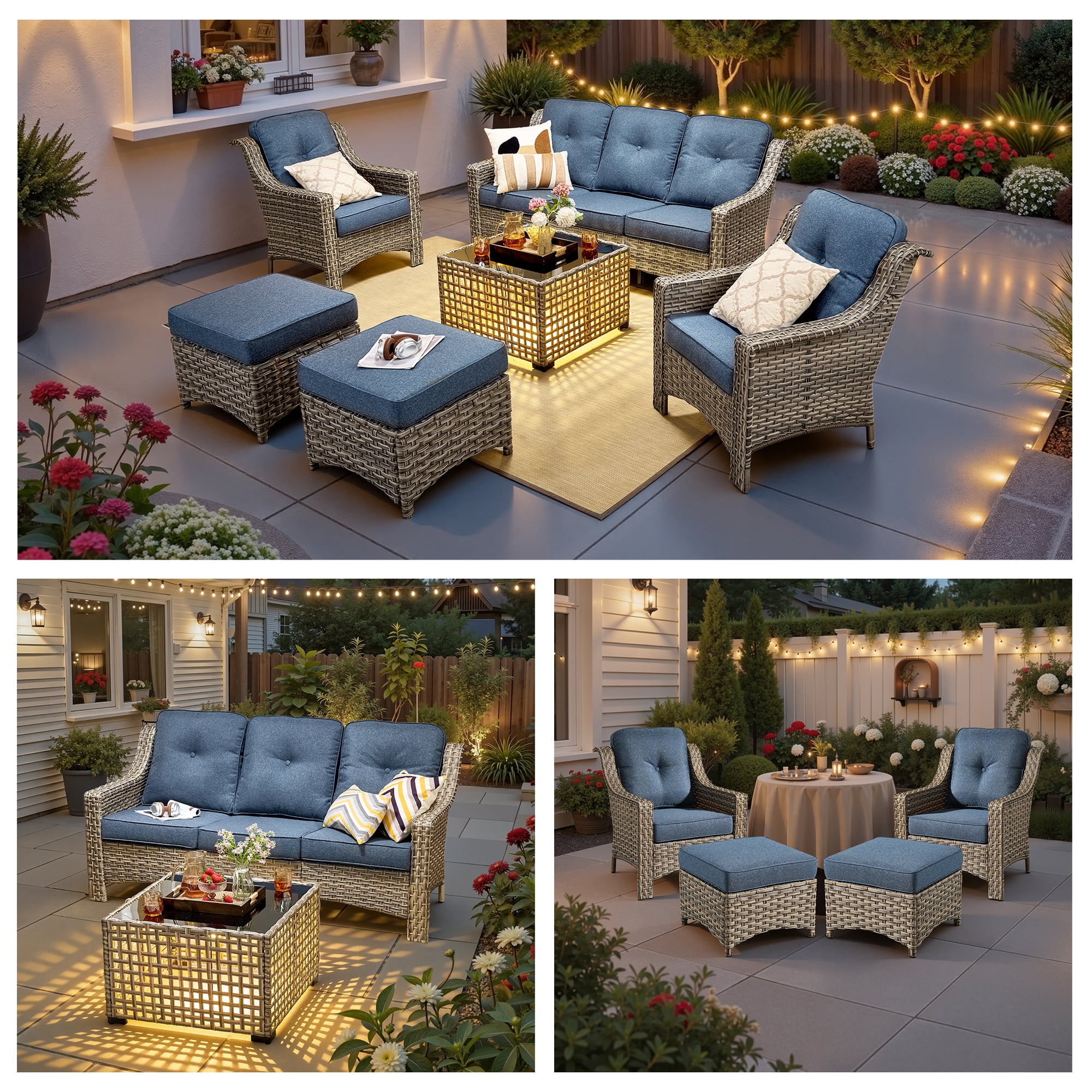 Ovios 6 Pieces Outdoor Furniture Set High Back All-Weather Wicker Patio Conversation Set with Ottomans & Solar Light Coffee Table, Denim Blue