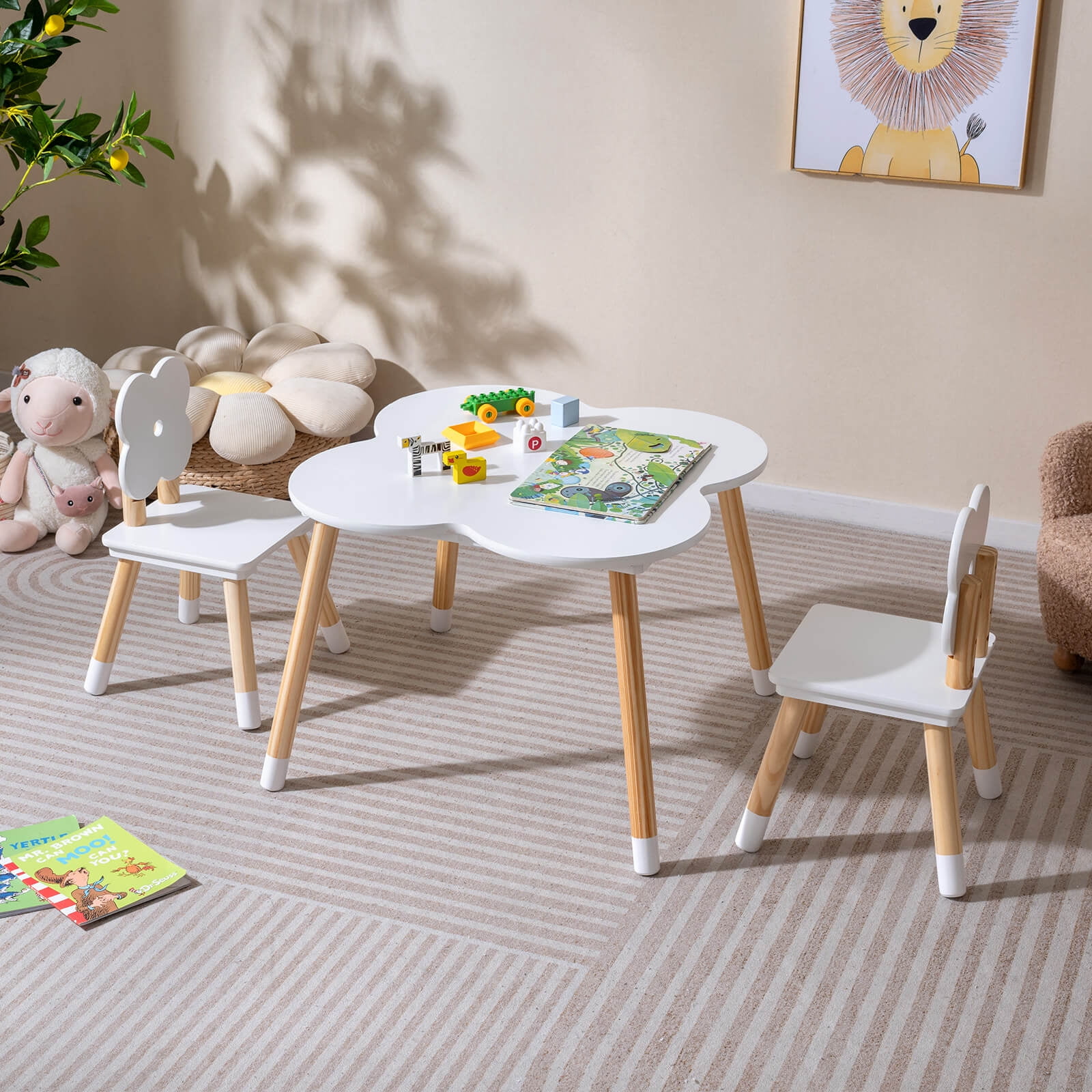 Costway Flower-shaped Kids Table Set with 2 Child-sized Chairs Solid Pine Wood Legs White