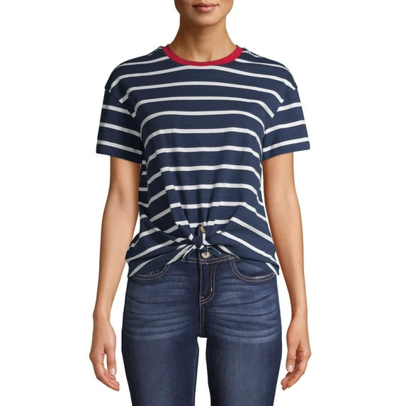No Boundaries Juniors' Short Sleeve Tie Front Stripe Tee