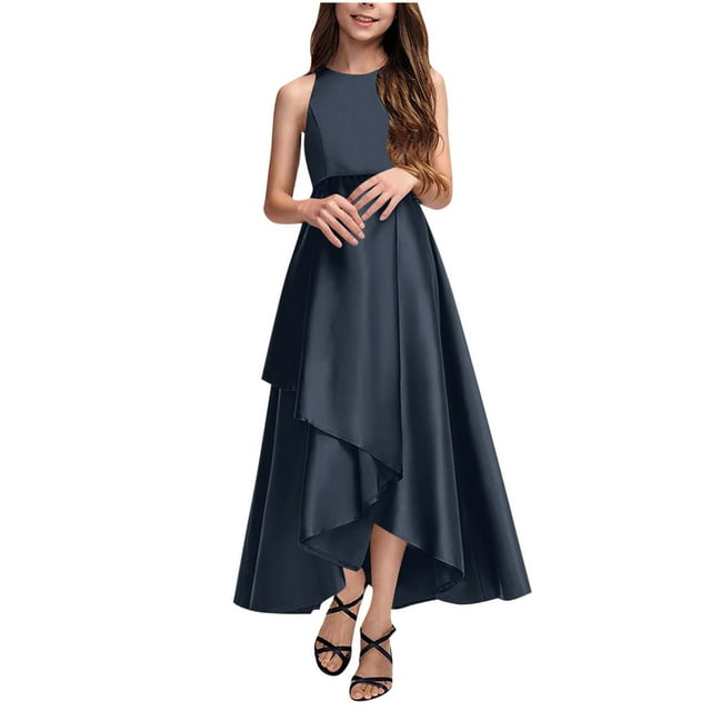 Bwiyojiz Tailles Mode 110-160 Robe de Performance Confortable Unie pour Filles Sans Manches à Col Rond Jupe Longue pour Enfants, Bleu