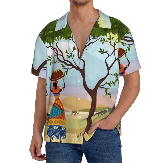 Fotbe African Women Camisa Estampada de Manga Corta para Hombre, Casual de Verano, Estilo Playero, Sin Arrugas-X-Large