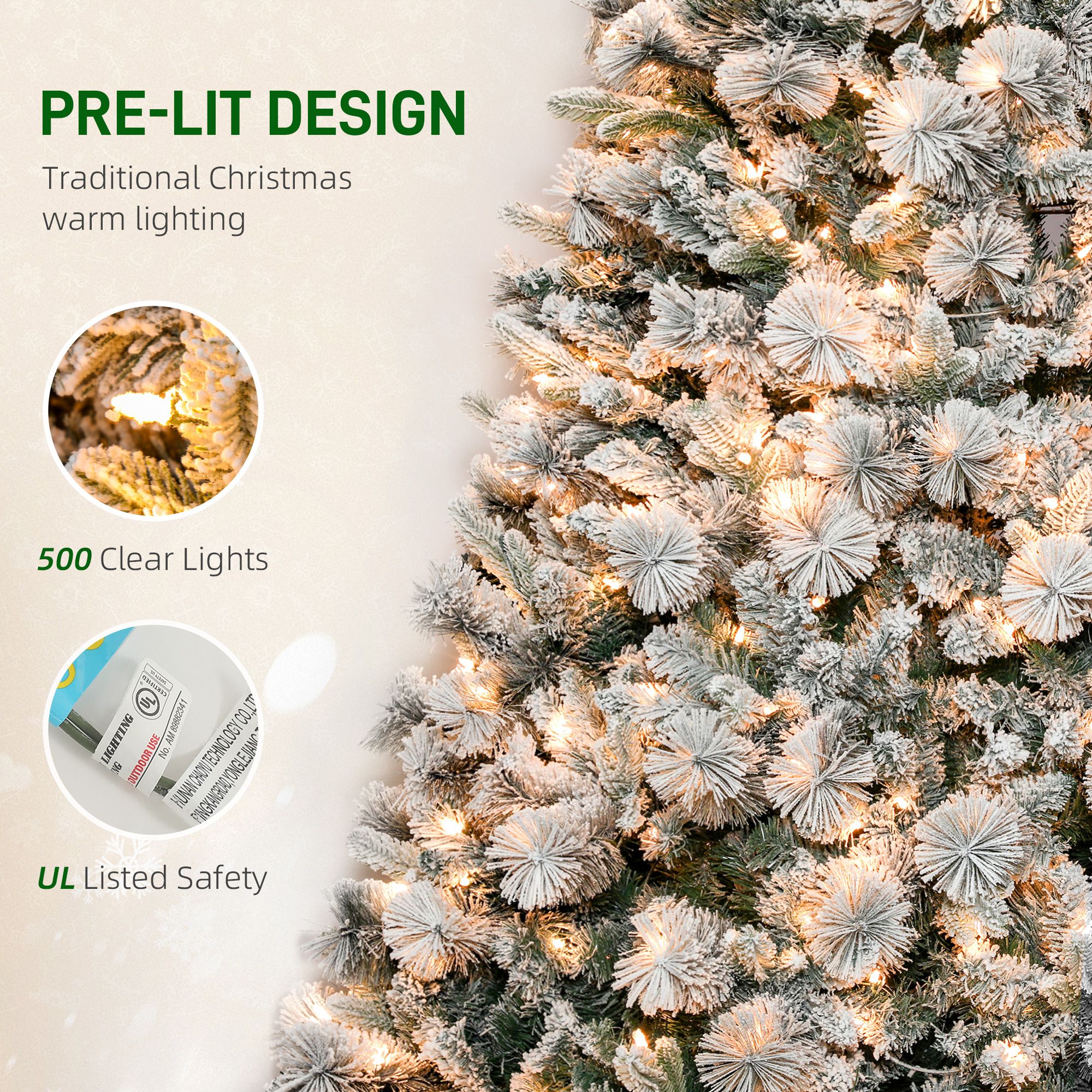 7.5 ft Prelit Flocked Christmas Tree with 500 Clear Lights, 1530 Tips, Steel Frame and Metal Stand for Indoor Holiday Display