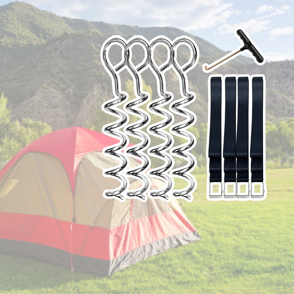 4Pcs Tent Stake Anchors with Strap Portable Trampoline Stakes Tie Down Spirals Ground Anchors Stake Tent Accessories