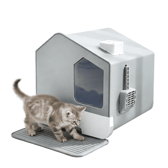Arenero para gato cerrado en forma casa tamaño mediana de fácil limpieza color gris con pala Ajolopet