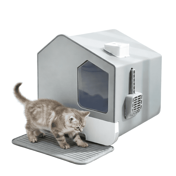 Arenero para gato cerrado en forma casa tamaño mediana de fácil limpieza color gris con pala Ajolopet