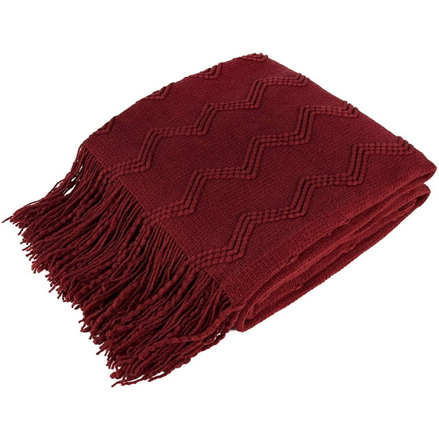 Couverture Tricotée à Franges Rouge Foncé Bordeaux Décoration Bohème Rustique avec Pompons pour Canapé Lit Sofa Automne Extérieur Afghan Texturé Tissé Doux Léger Acrylique 60x80 Simple