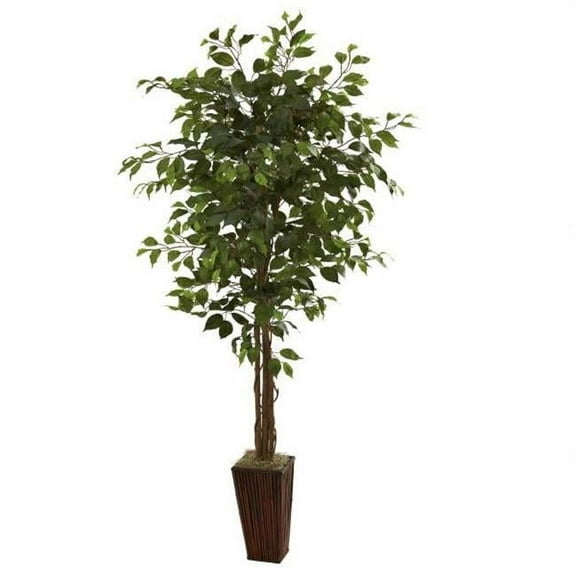 Nearly Natural  6 ft. Ficus Tree with Bamboo Planter - Green 72 inches