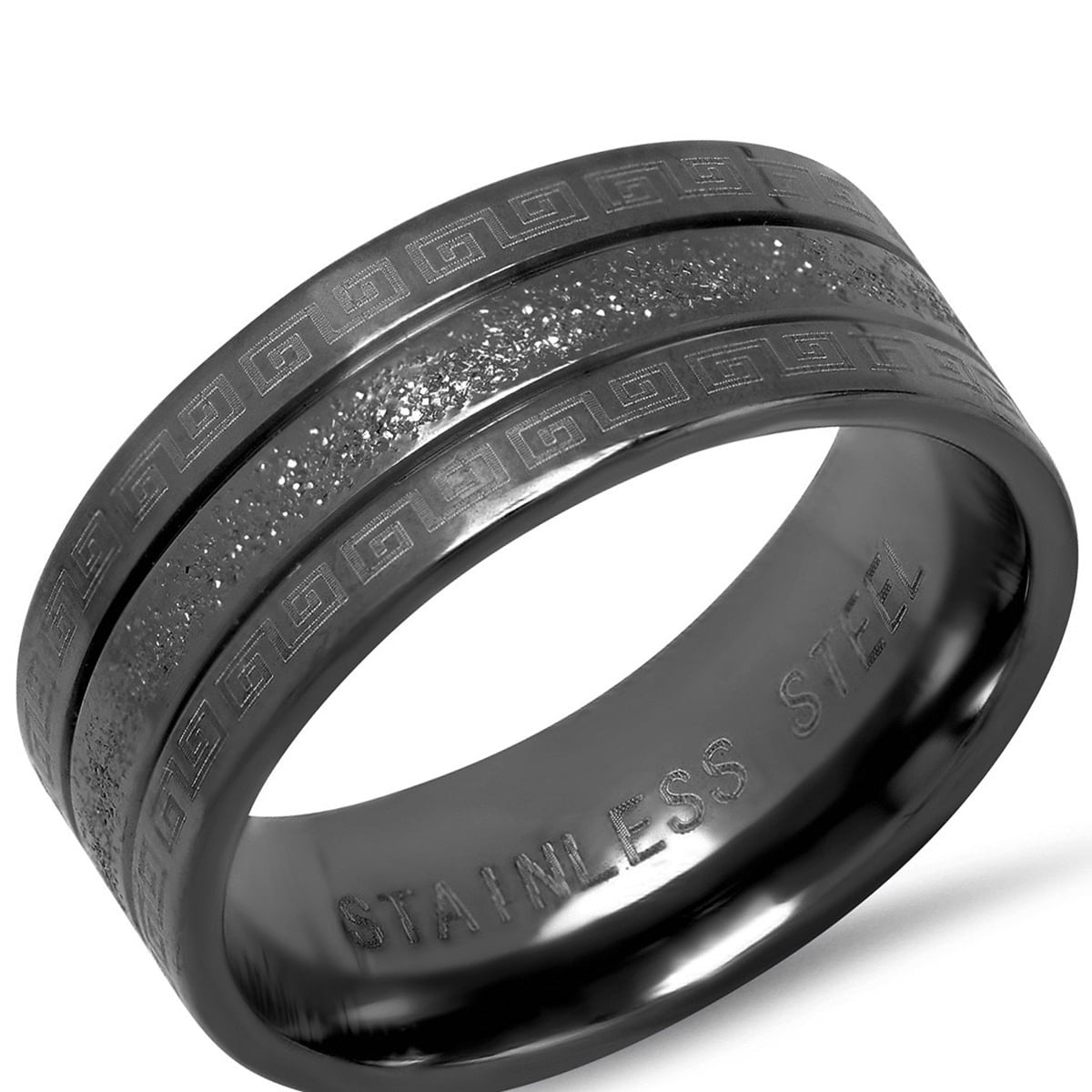 Men's Black IP Stainless Steel Sand Dust Inlay Ring with Greek Key Accents