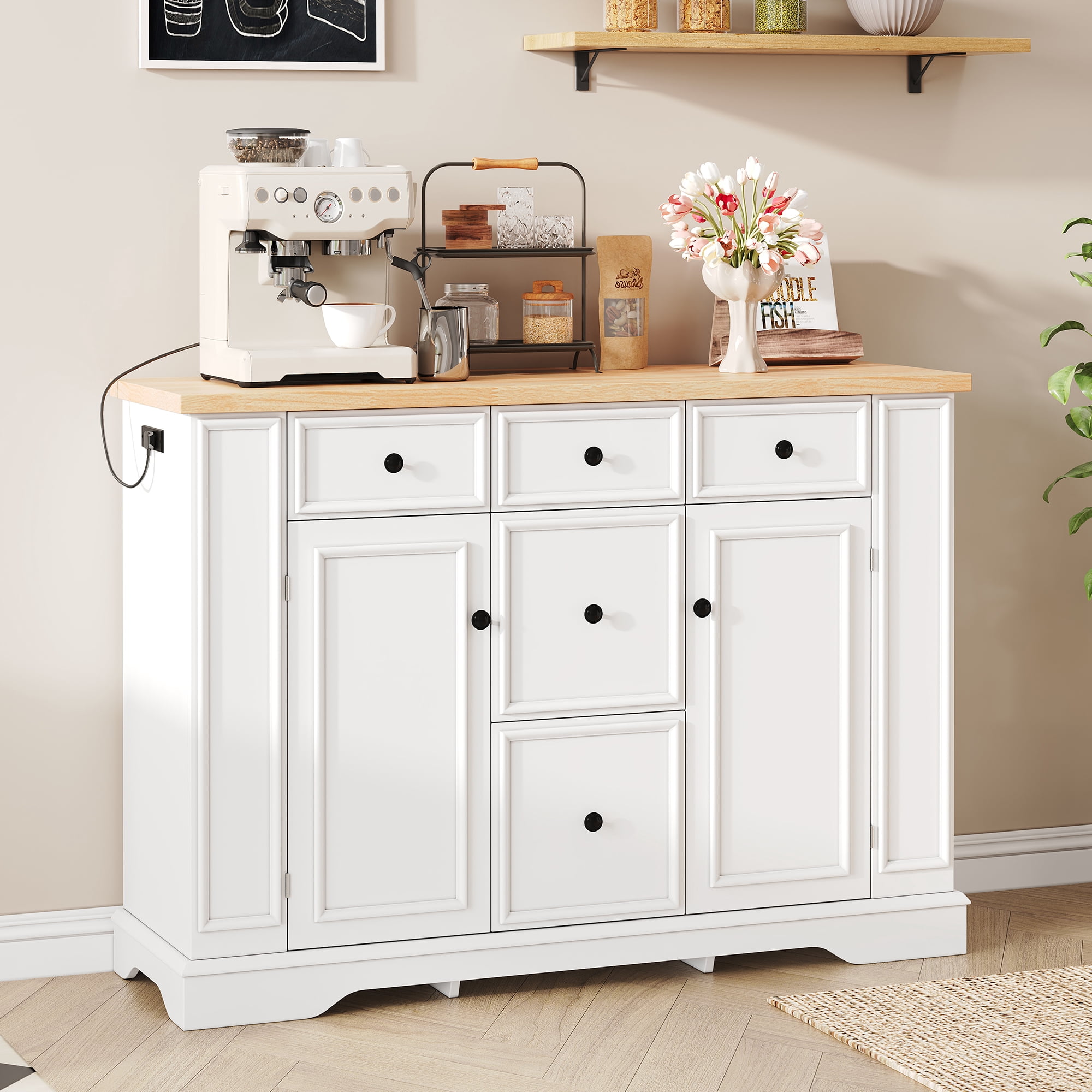 Euroco 51.2" Sideboard Buffet Cabinet with Storage, Modern Kitchen Console Table with 5 Drawers, 2 Cabinets & Adjustable Shelves, Wooden Coffee Bar for Dining Room, Living Room, Entryway,White
