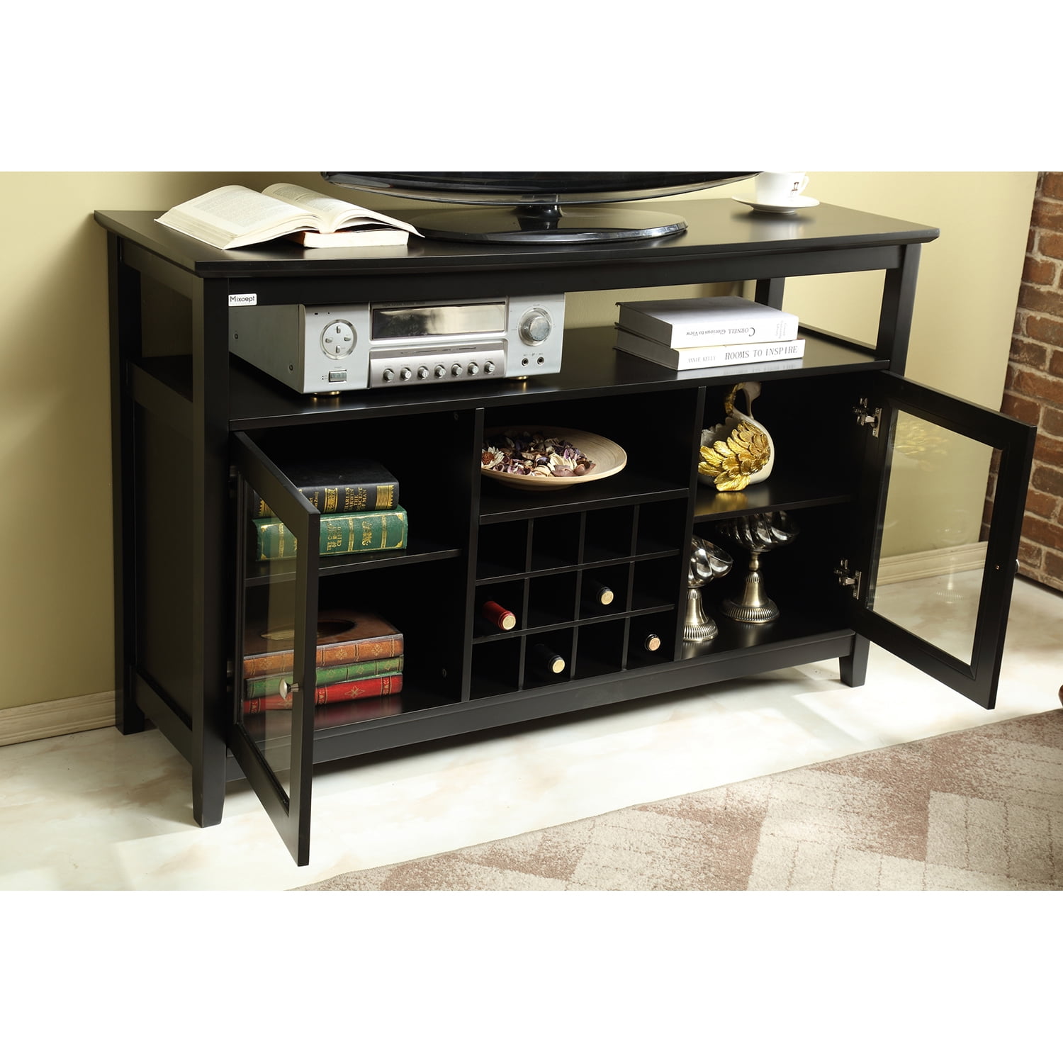 Resenkos 2 Glass Doors Sideboard Buffet for Kitchen Dining Room, Wine Cabinets with Storage for Wine Bottles and Glasses Black