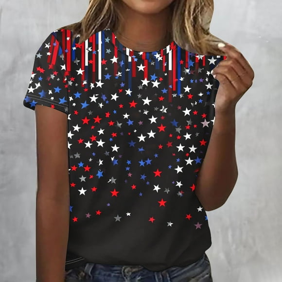 Jinhomg Women's Summer Shirt 4th of July American Flag Patriotic T-Shirt Ultra Thin Short Sleeve Crew Neck Tops Lightweight Independence Day Party Pullovers Black L