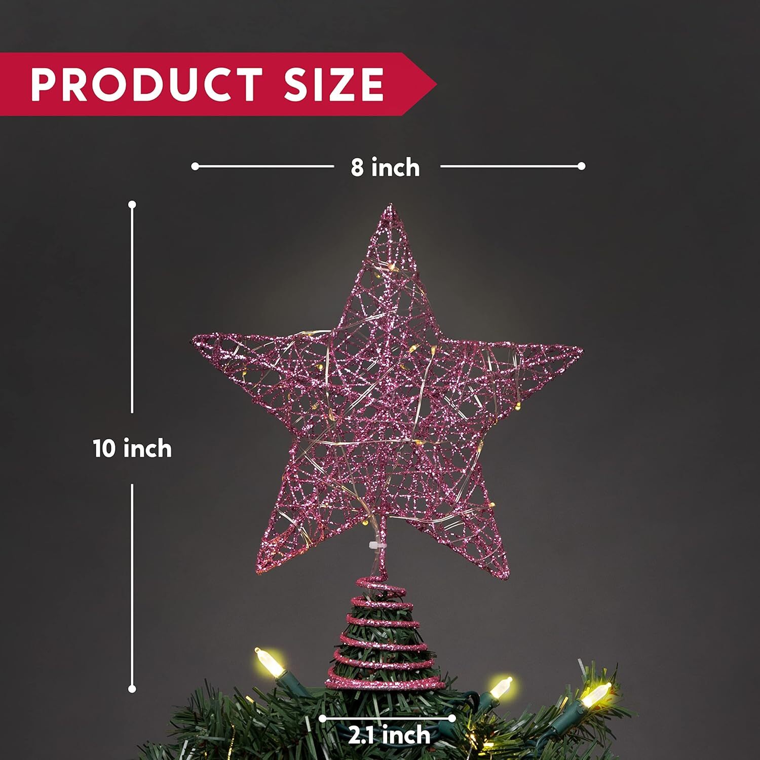 Gogcaro Pink Glitter Christmas Tree Topper with 20 LED Lights photo 3