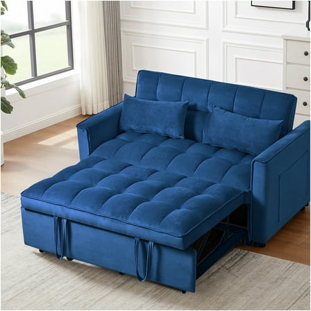 JERFIT Convertible Sofa Bed, Velvet Pull Out Sleeper Sofa with Storage Armrests, Queen Size Futon Couch for Small Space, Yellow Flannelette