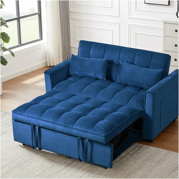 JERFIT Convertible Sofa Bed, Velvet Pull Out Sleeper Sofa with Storage Armrests, Queen Size Futon Couch for Small Space, Yellow Flannelette