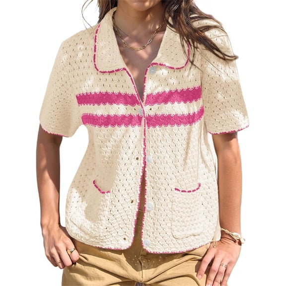Womens Striped Short Sleeve Sweater Casual Knitted Button Down Crochet Cardigan Vintage Y2k Hollow-Out Tops