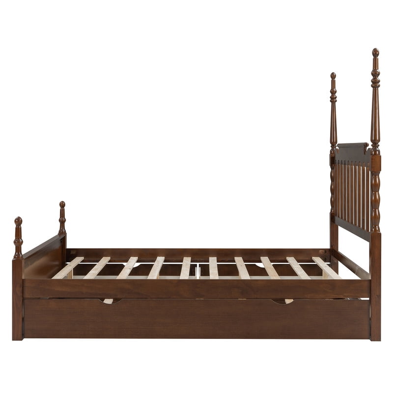 Queen Size Platform Bed with Twin XL Trundle and 2 Storage Drawers, Wooden Bed Frame with Vintage Spindle Headboard & Footboard