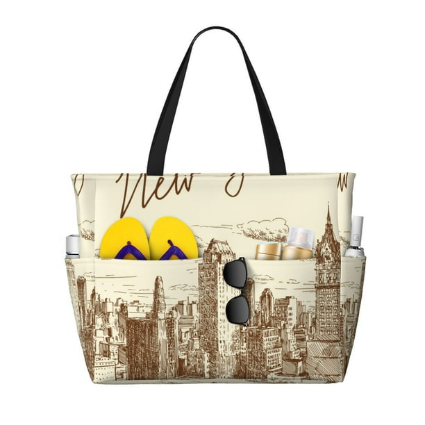 Fotbe New York Bolsa de Viaje para Playa - Resistente al Agua, Bolsa Tote de Gran Capacidad y Ligera con 7 Bolsillos para Mujeres y Hombres