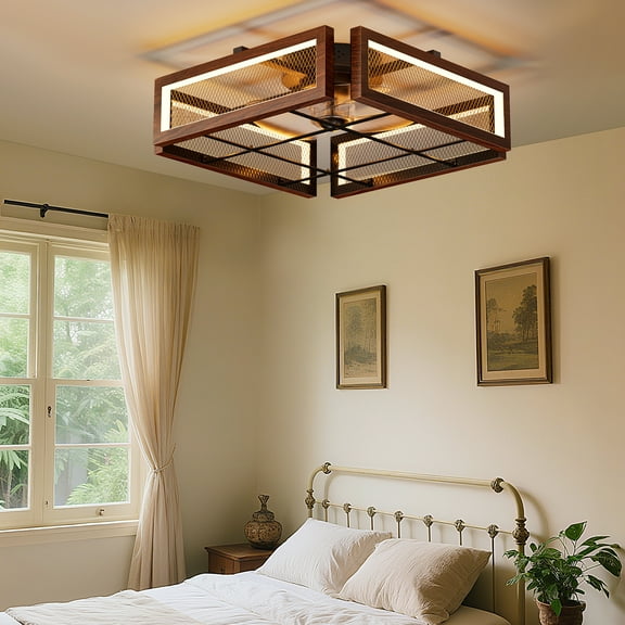 18.9”Wood Grain Brown Square Ceiling Fan with LED Light and Remote Control