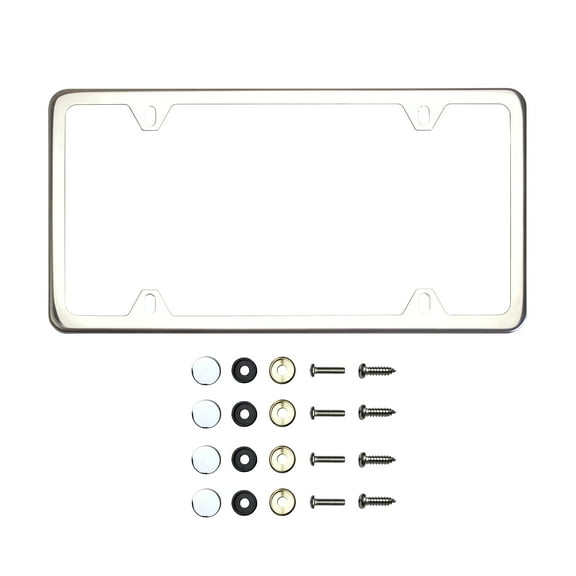 KA Depot Four Hole Slim Version Chrome Polish Mirror License Plate Frame T304 Stainless Steel Metal Screw Caps
