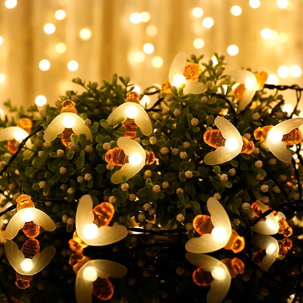 Cadena de luces LED solares para exteriores con forma de abeja, decoración navideña para patio al aire libre, luz acrílica con batería