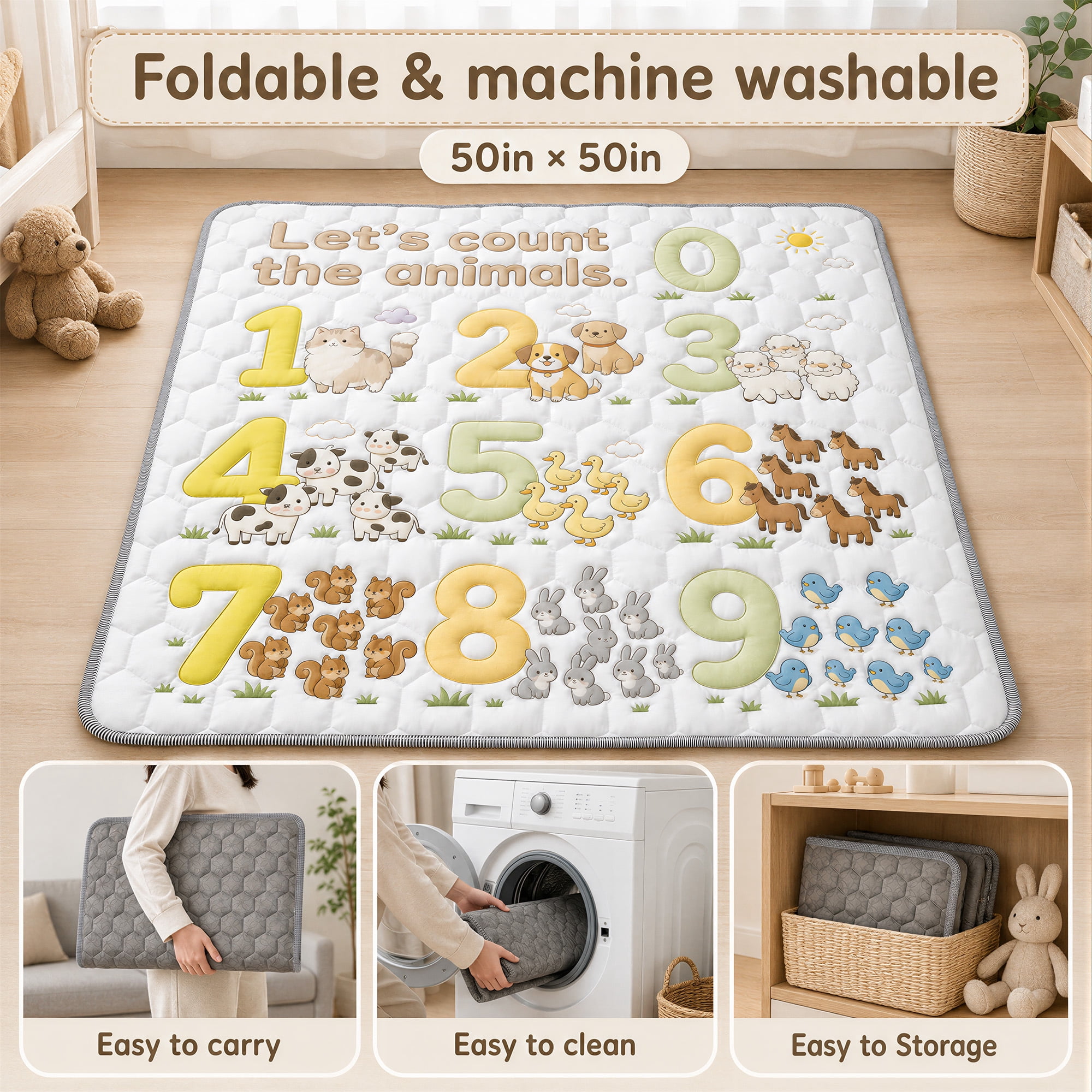 BEAUTYPEAK Baby Play Mat, 50"x50" Mat Perfect for Use Baby Playpen,Non-Slip Foldable Mat for Toddlers and Babies