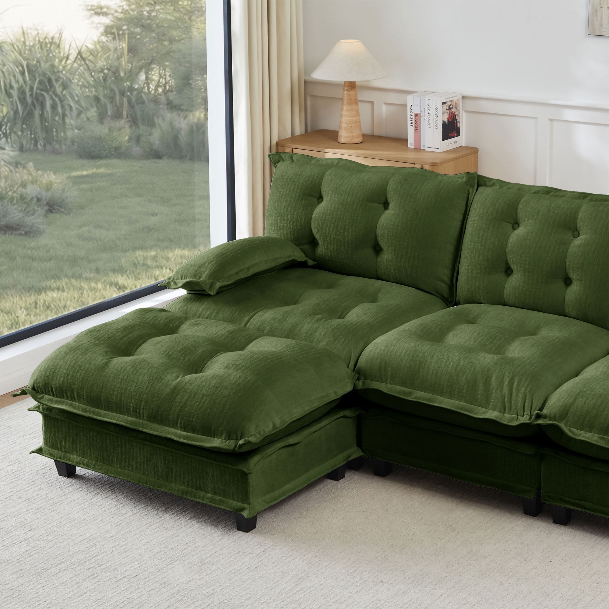 MAYEERTY 77 Inch L-Shaped Sectional Sofa with Ottoman, Chenille 2-Seat Modular Couch, Solid Wood & Metal Frame for Living Room Bedroom Apartment