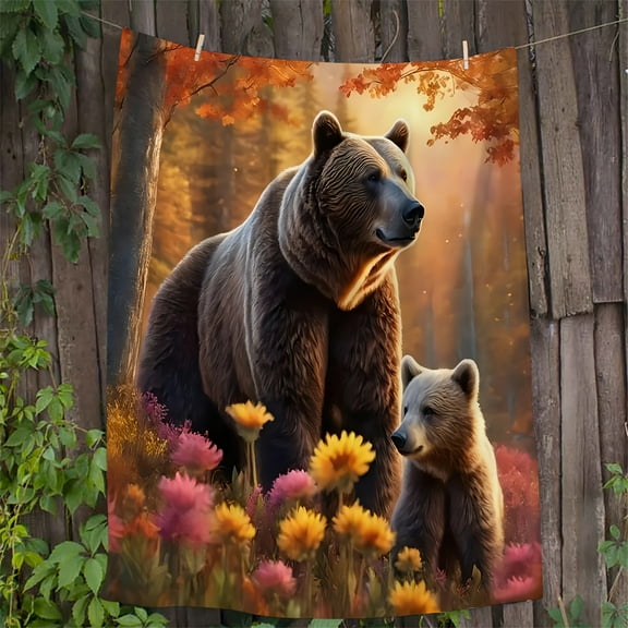 Cozy Tropical Bear & Floral Print Flannel Throw Blanket - Soft, Warm, and Versatile for Couch, Bed, Office, Camping, and Travel