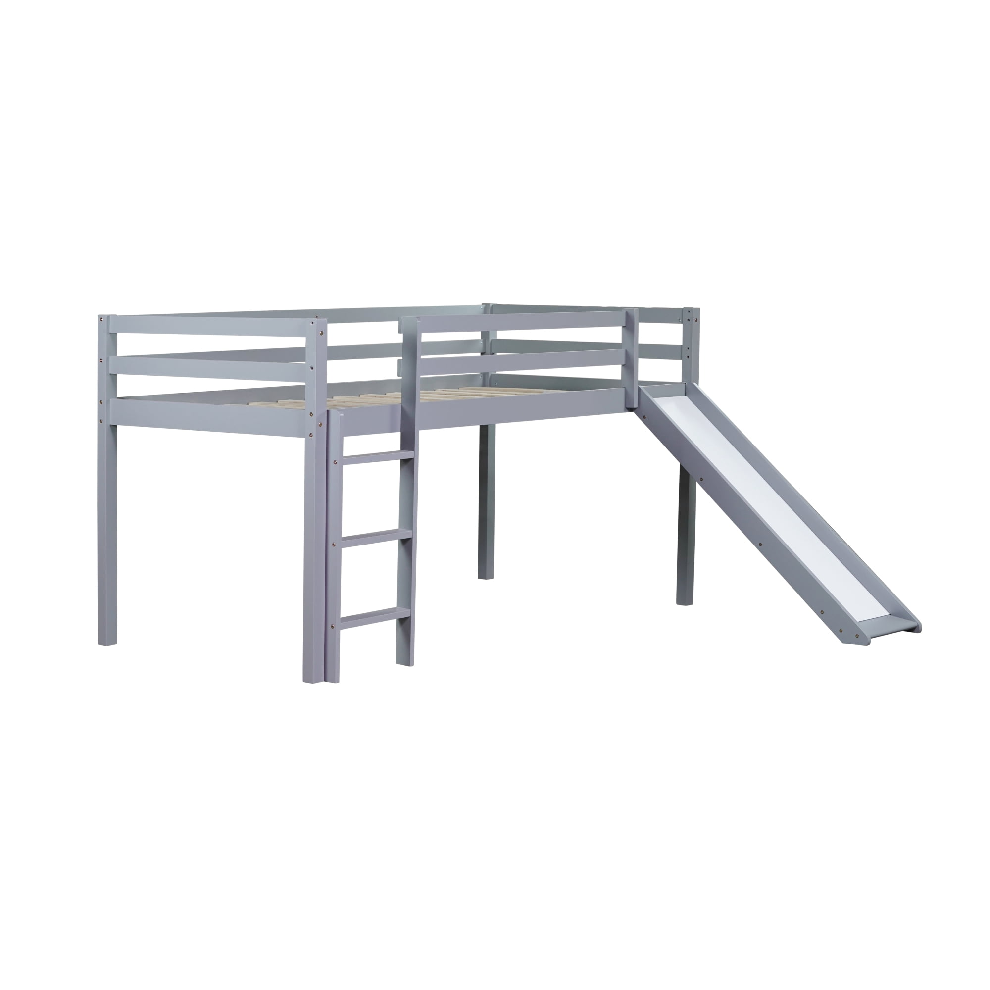 Leumius Twin Low Loft Bed with Slide, Ladder, Safety Guardrails, Rubber Wood Twin Loft Bed for Boys Girls Grey