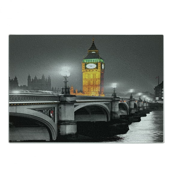 London Cutting Board, Big Ben and Westminster Bridge at Night in UK Street River European Look, Decorative Tempered Glass Cutting and Serving Board, Small Size, Grey Yellow, by Ambesonne