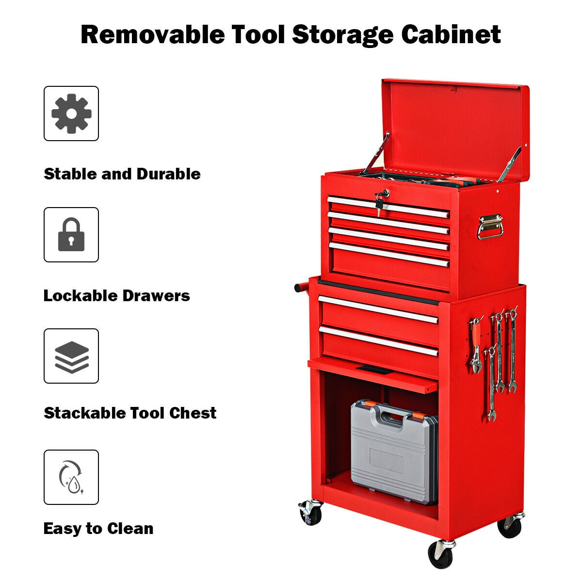 6-Sliding Drawers Removable Toolbox Organizer 2pc with brake Tool Box Rolling 2 in 1 Portable Tool Chest Cabinet Top&Bottom Key Lockable Storage Toolbox with 4 Swivel Wheels Red 